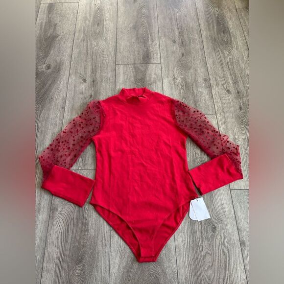 Mango pop Red Bodysuit with Sheer Polka Dot Sleeves - Picture 1 of 4